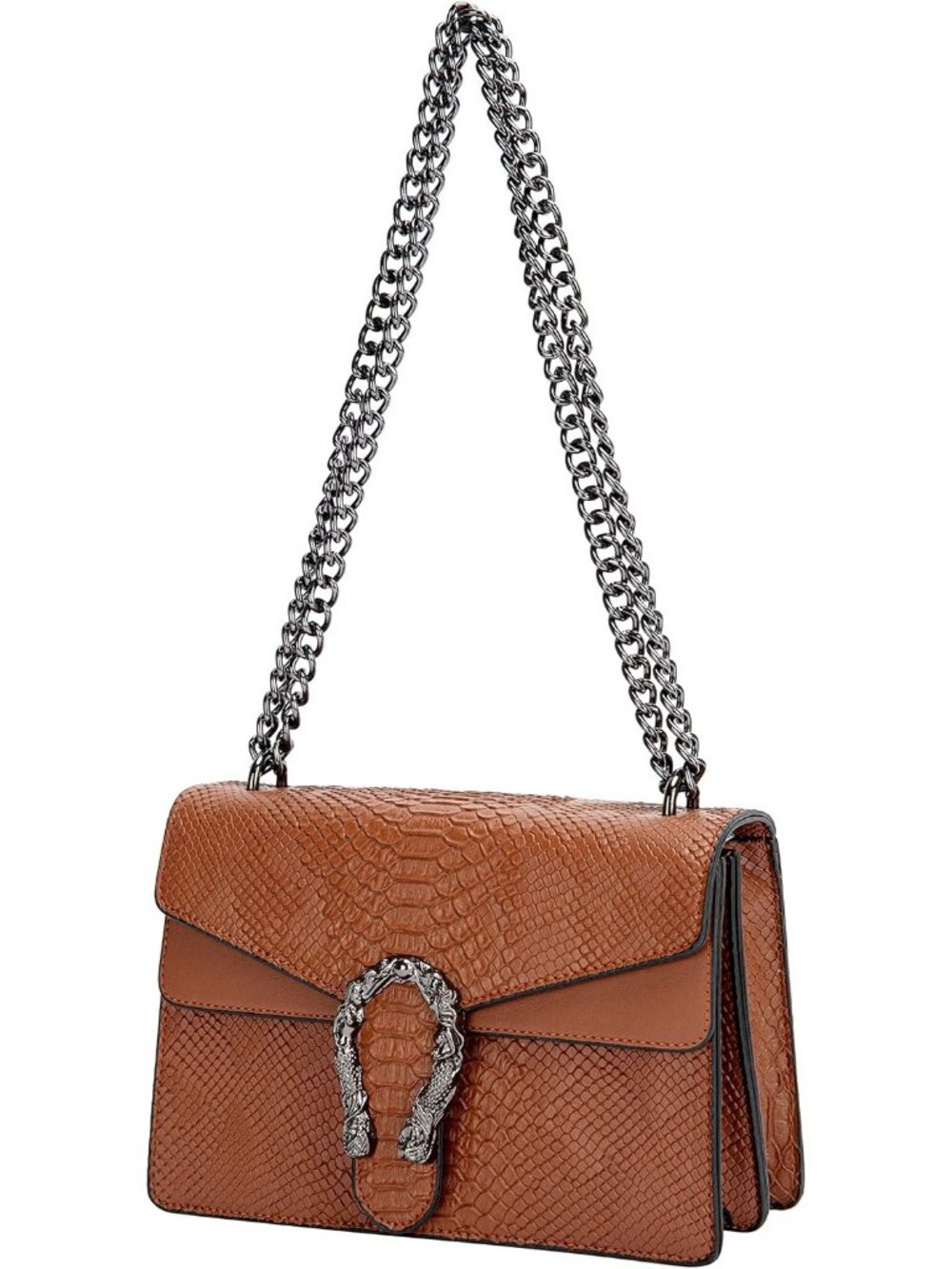 Women's A Brown Leather Snake Print Vintage Purse Chain Crossbody Bag